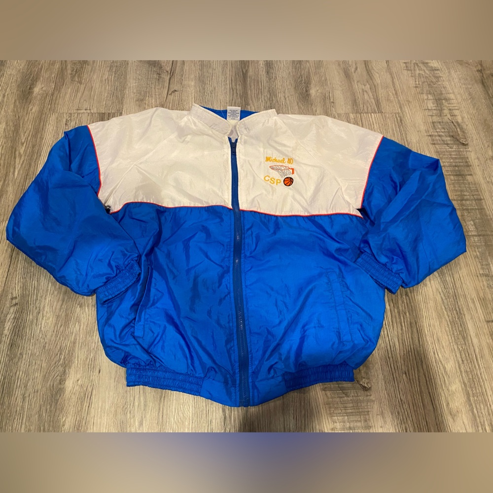 Vintage Windbreaker Basketball Jacket Blue White Mens Size XL Made In USA
